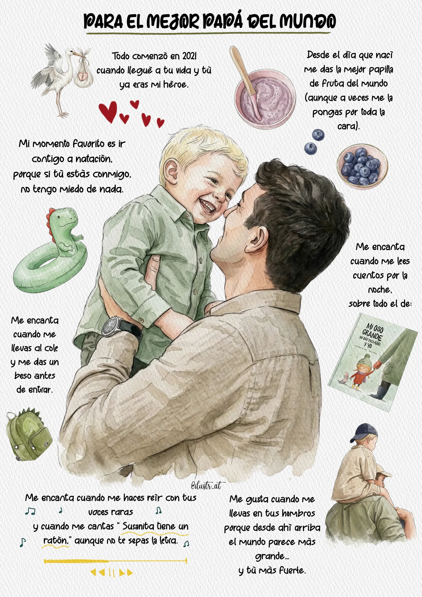 Ejemplo de retrato con elementos personales que representan hobbies y recuerdos